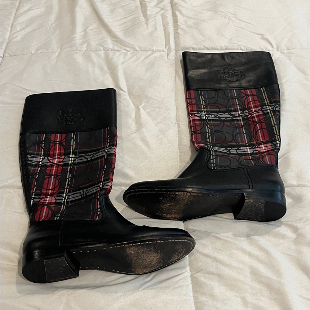 Coach Black and Red Plaid Heeled Boots